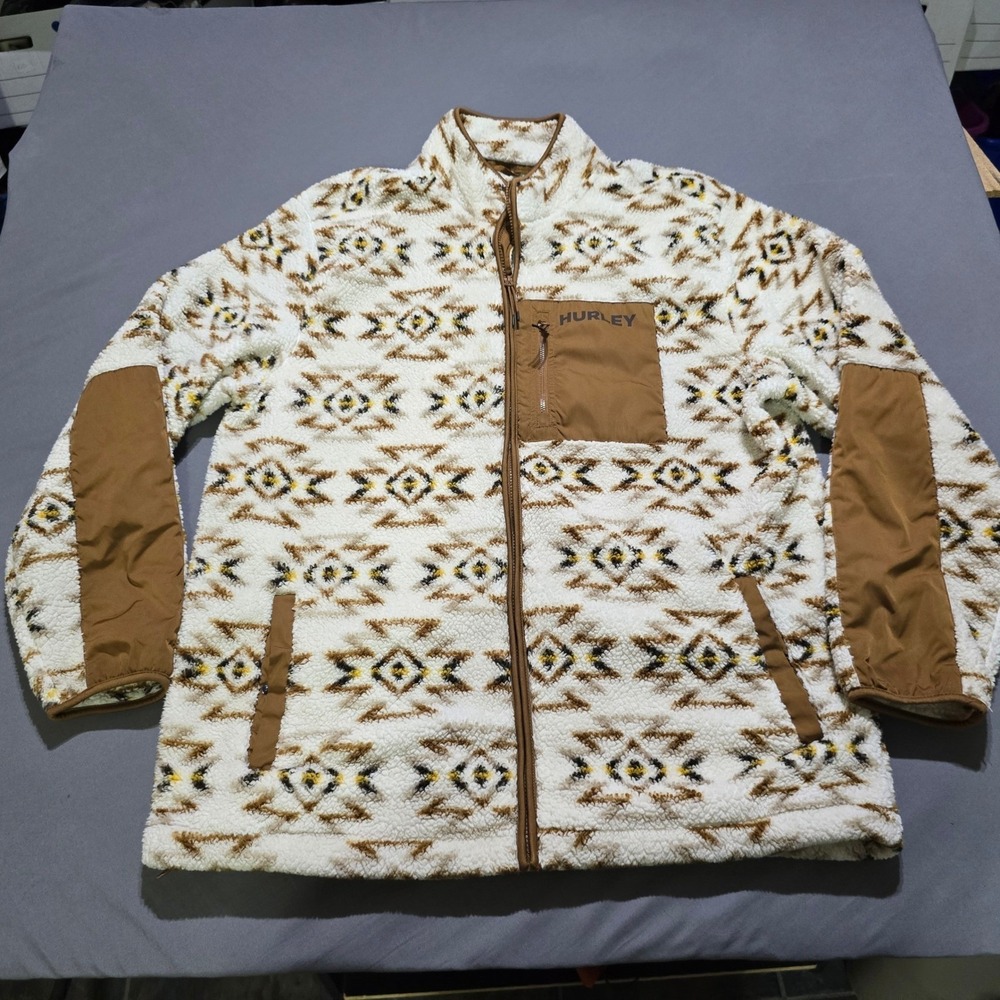 Hurley Sherpa Fleece Jacket Mens XL White Brown Southwestern Full Zip HFA22SMJ